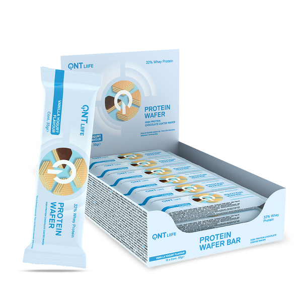 QNT Protein Wafer Vanilla Yoghurt box of 12 x 35g bars, with one wrapped bar shown